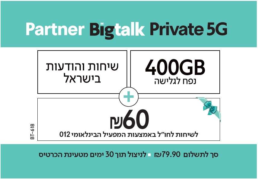 Calls and SMS in Israel + 400GB + 60 Credits to call abroad for 30 Days